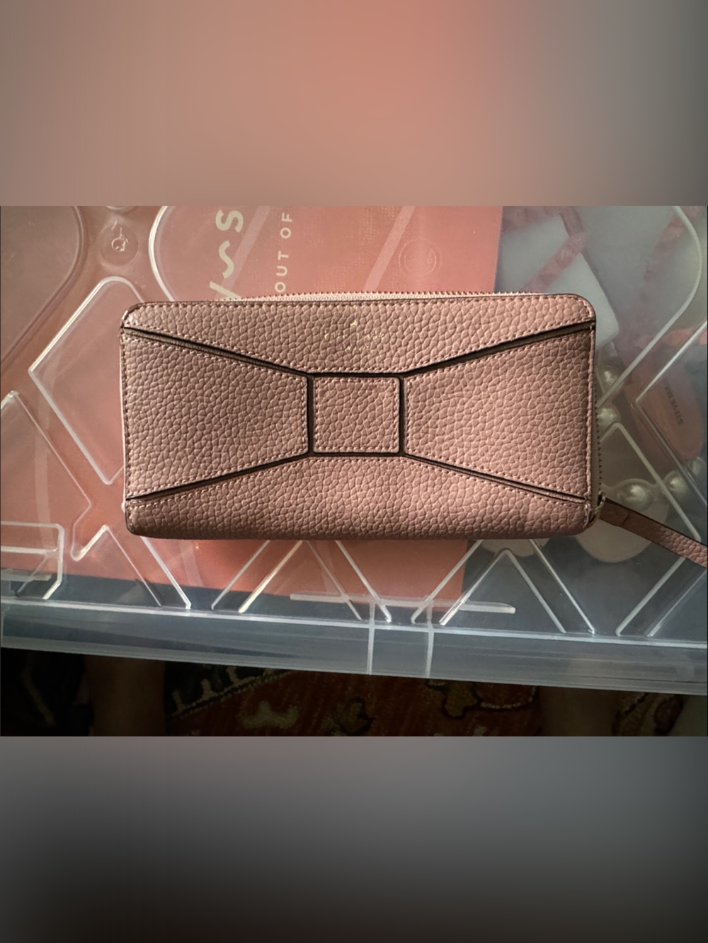 kate spade blush pink pebbled leather bow zip wallet